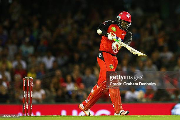 Chris Gayle of the Renegades hits a six during the Big Bash League match between the Melbourne Renegades and the Adelaide Strikers at Etihad Stadium...