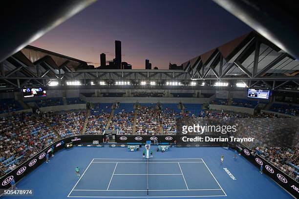 General view of Margaret Court Arena during the first round match between Marcos Baghdatis and Jo-Wilfried Tsonga of France on day one of the 2016...