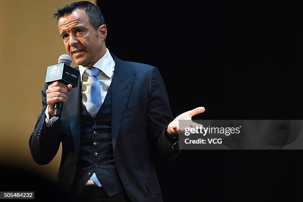 Portuguese football agent Jorge Mendes attends Gestifute and FOYO strategic partnership press conference at Shangri-La Hotel on January 18, 2016 in...