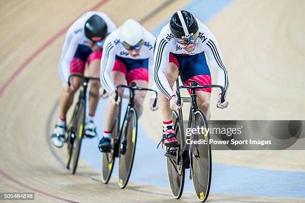 Team of Great Britain with Callum Skinner, Philip Hindes and Jason Obe Kenny competes during the Men«s Sprint Final round heat as part of the UCI...