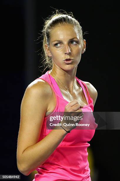 Kristyna Pliskova of the Czech Republic celebrates winning a point in her first round match against Sam Stosur of Australia during day one of the...