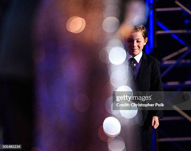 Actor Jacob Tremblay accepts Best Young Actor award at the the 21st Annual Critics' Choice Awards at Barker Hangar on January 17, 2016 in Santa...