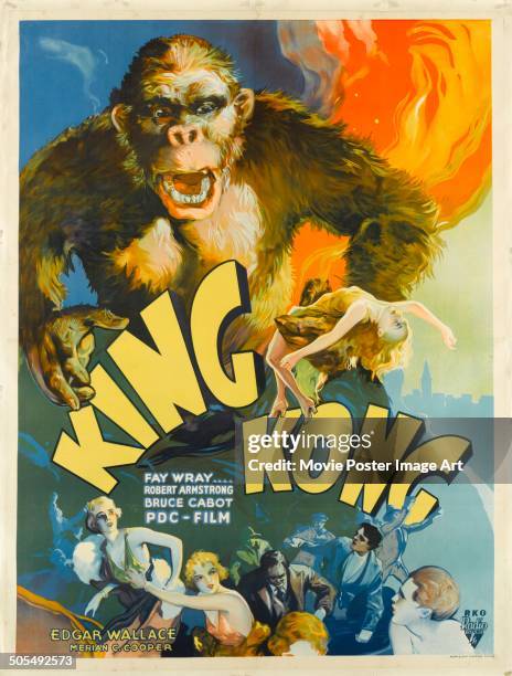 Poster for the RKO movie 'King Kong', featuring the gigantic ape holding a fainting woman, 1933.