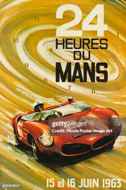 French poster by G. Leygnac for the racing event 24 Hours of Le Mans in June 1963. The poster features a red Ferrari Dino.