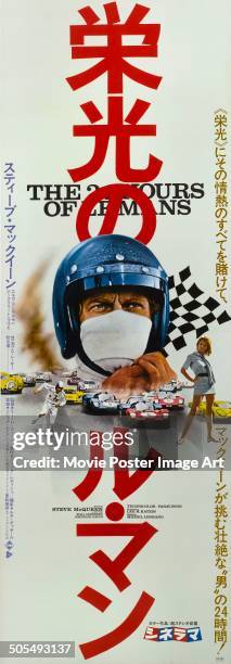 Actor Steve McQueen appears on a Japanese poster for the racing movie 'Le Mans', aka 'The 24 Hours of Le Mans', 1971.