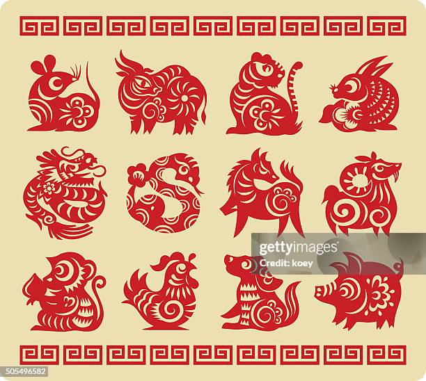 chinese zodiac papier 12 modernen - chinese astrology stock-grafiken, -clipart, -cartoons und -symbole