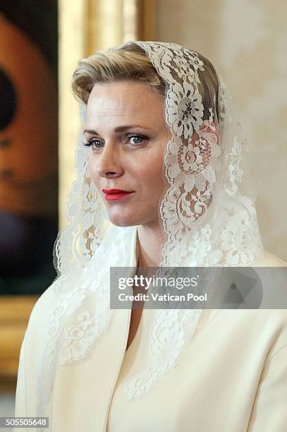 Princess Charlene of Monaco during an audience with Pope Francis at the Apostolic Palace on January 18, 2016 in Vatican City, Vatican.