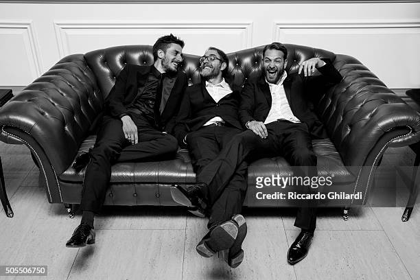 Director Valerio Mastandrea, actors Alessandro Borghi and Luca Marinelli are photographed for Self Assignment on November 13, 2015 in Los Angeles,...