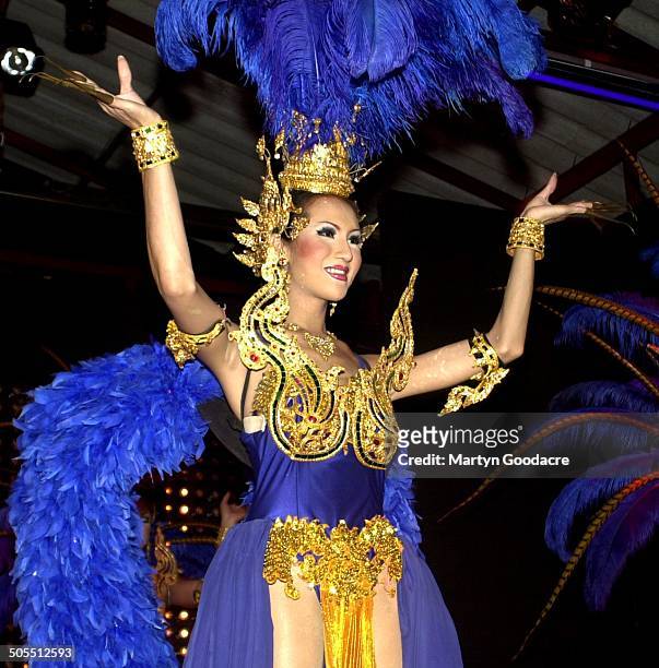 Performer on stage at a kathoey, or ladyboy, cabaret show in Thailand, 2006.