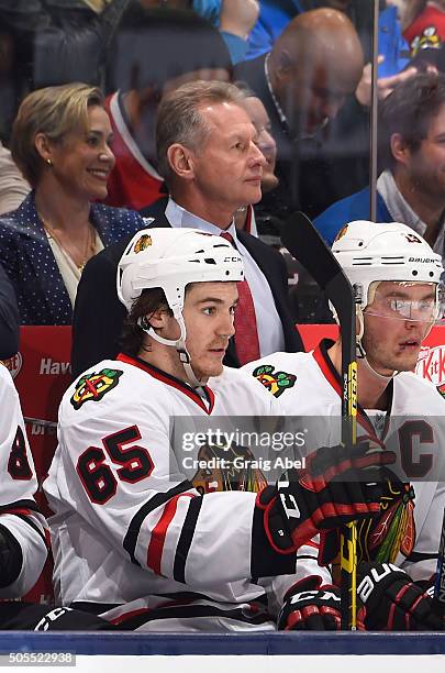 Chicago Blackhawks assistant coach Mike Kitchen watches the play develop against the Toronto Maple Leafs during game action on January 15, 2016 at...