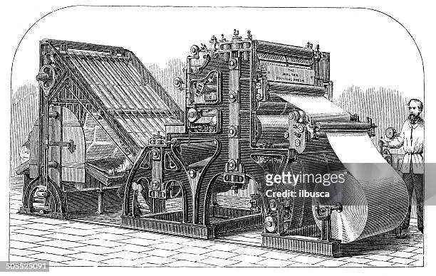 ilustrações, clipart, desenhos animados e ícones de antigo ilustração de imprensa de tipografia máquina - impressora fábrica