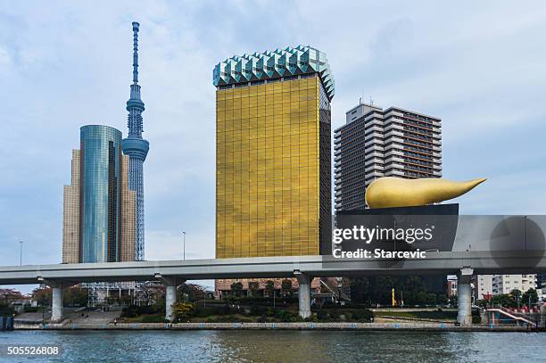 famous asahi breweries hq in tokyo - asahi stock pictures, royalty-free photos & images