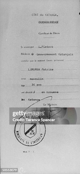 Death certificate of Patrice Lumumba.