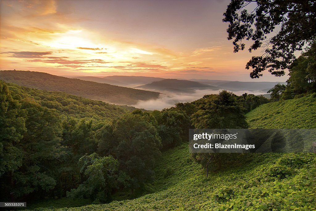 View of a foggy sunrise in the Ozark Mountains