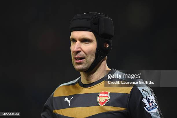 Petr Cech of Arsenal looks on during the Barclays Premier League match between Stoke City and Arsenal at The Britannia Stadium on January 17, 2016 in...