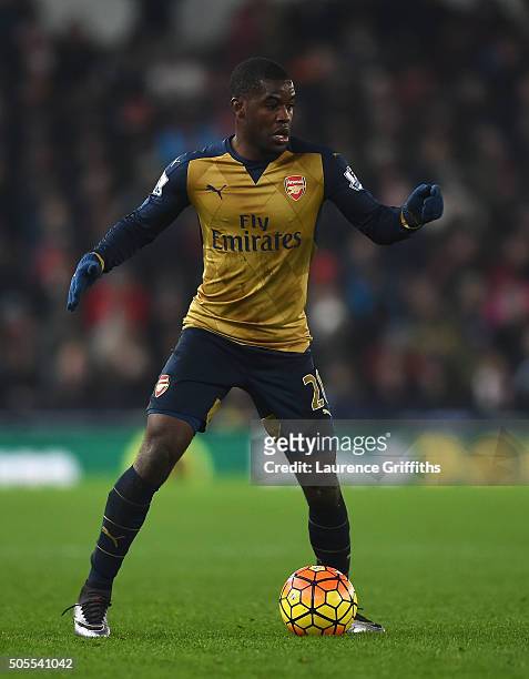 Joel Campbell of Arsenal in action during the Barclays Premier League match between Stoke City and Arsenal at The Britannia Stadium on January 17,...