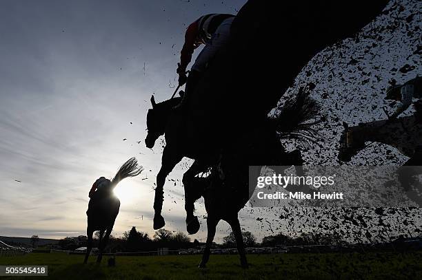 Runners and riders jump the second last during the 'My Dashboard' On The Timeform App Handicap Chase at Plumpton Racecourse on January 18, 2016 in...