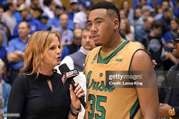 Reporter Shannon Spake interviews Bonzie Colson of the Notre Dame Fighting Irish following their game against the Duke Blue Devils at Cameron Indoor...