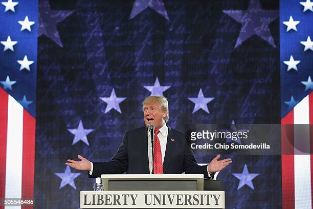 Republican presidential candidate Donald Trump delivers the convocation at the Vines Center on the campus of Liberty University January 18, 2016 in...