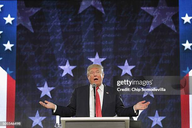 Republican presidential candidate Donald Trump delivers the convocation at the Vines Center on the campus of Liberty University January 18, 2016 in...