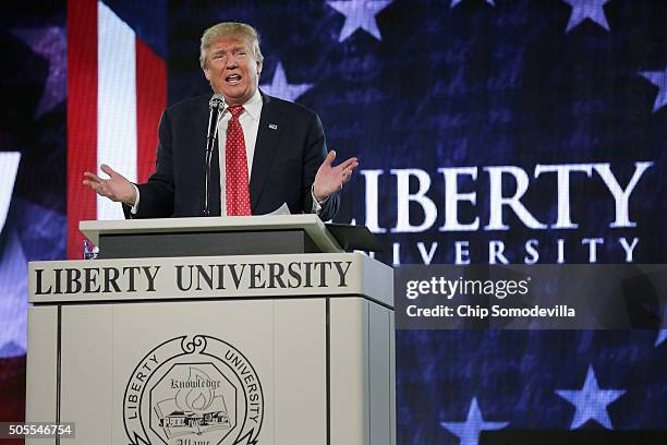 Republican presidential candidate Donald Trump delivers the convocation at the Vines Center on the campus of Liberty University January 18, 2016 in...