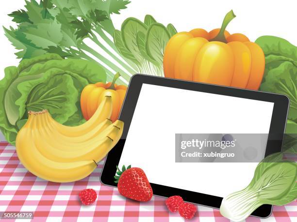 fruit and tablet computer - celery isolated stock illustrations
