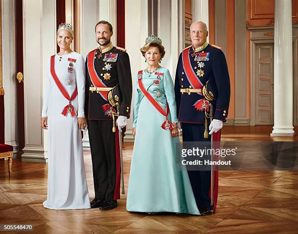 In this handout photo provided by the Royal Court, Princess Mette-Marit of Norway, Crown Prince Haakon of Norway, Queen Sonja of Norway and King...