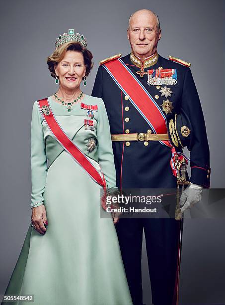 In this handout photo provided by the Royal Court, King Harald V of Norway and Queen Sonja of Norway pose for an official photograph from the Royal...