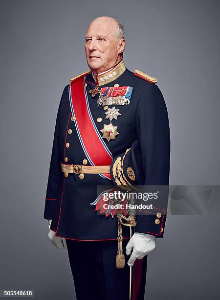 In this handout photo provided by the Royal Court, King Harald V of Norway poses for an official photograph from the Royal Court on January 15, 2016...