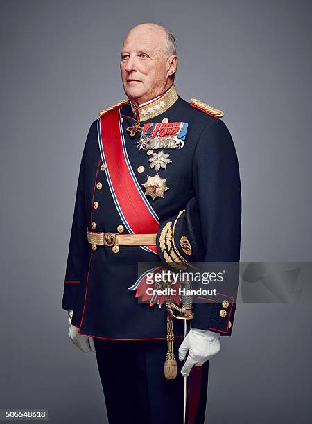 In this handout photo provided by the Royal Court, King Harald V of Norway poses for an official photograph from the Royal Court on January 15, 2016...