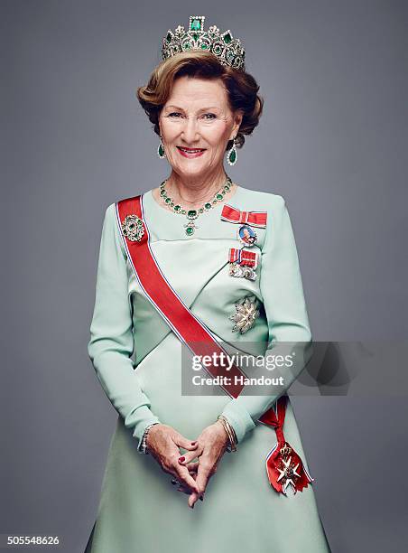 In this handout photo provided by the Royal Court, Queen Sonja of Norway poses for an official photograph from the Royal Court on January 15, 2016 in...