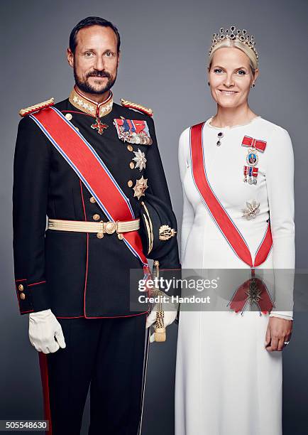 In this handout photo provided by the Royal Court, Princess Mette-Marit of Norway and Crown Prince Haakon of Norway pose for an official photograph...