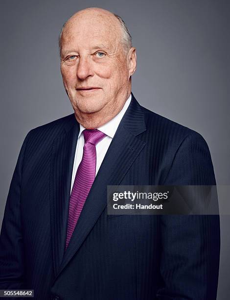 In this handout photo provided by the Royal Court, King Harald V of Norway poses for an official photograph from the Royal Court on January 15, 2016...