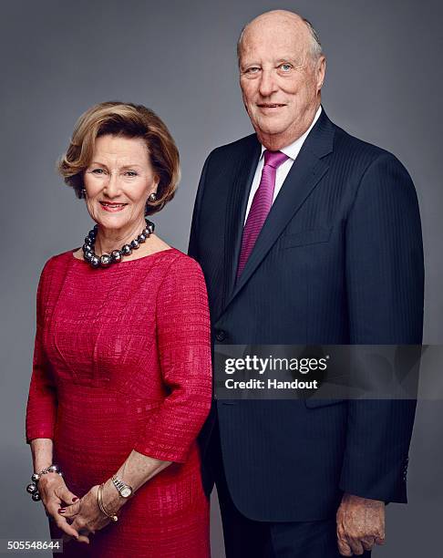 In this handout photo provided by the Royal Court, King Harald V of Norway and Queen Sonja of Norway pose for an official photograph from the Royal...