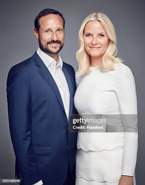 In this handout photo provided by the Royal Court, Princess Mette-Marit of Norway and Crown Prince Haakon of Norway pose for an official photograph...