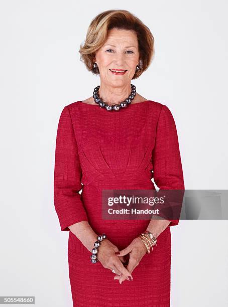 In this handout photo provided by the Royal Court, Queen Sonja of Norway poses for an official photograph from the Royal Court on January 15, 2016 in...