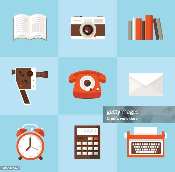 technology, flat icon set - vintage computer server stock illustrations