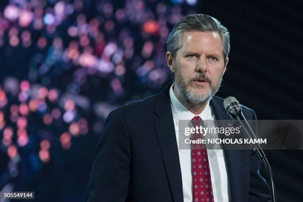 Liberty University president Jerry Falwell Jr. Introduces US Republican presidential candidate Donald Trump at a rally at Liberty University, the...