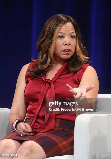 Lucy McBath, film subject, speaks onstage during INDEPENDENT LENS' 'The Armor of Light' panel as part of the PBS portion of the 2016 Television...
