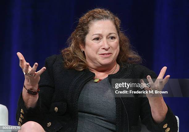 Director Abigail Disney speaks onstage during INDEPENDENT LENS' 'The Armor of Light' panel as part of the PBS portion of the 2016 Television Critics...