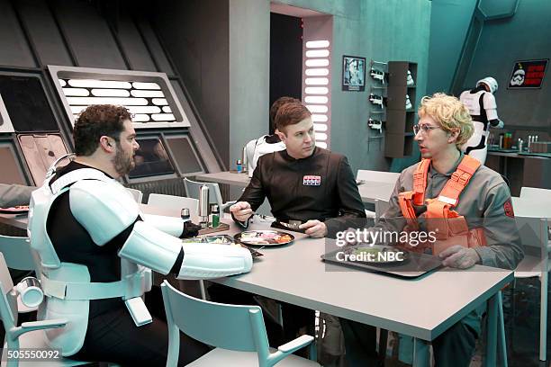 Adam Driver" Episode 1693 -- Pictured: Bobby Moynihan, Taran Killam, and Adam Driver as Kylo Ren during the "Undercover Boss: Starkiller Base" sketch...