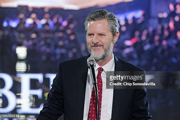 Liberty University President Jerry Falwell, Jr. Introduces Republican presidential candidate Donald Trump with a sports jersey after he delivered the...