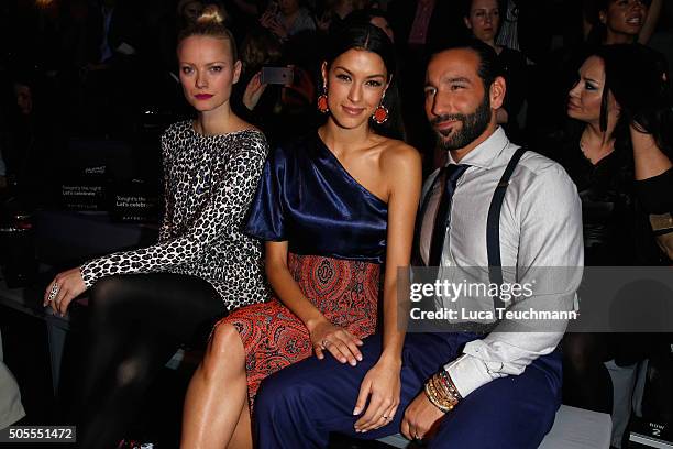 Franziska Knuppe, TV host Rebecca Mir and Massimo Sinato attend the 'The Power Of Colors - MAYBELLINE New York Make-Up Runway' show during the...