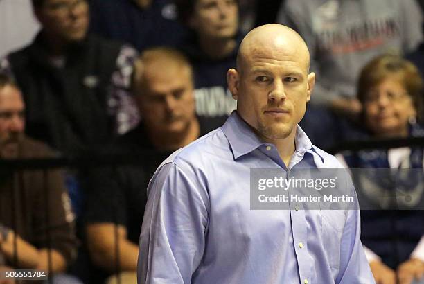 Head coach Cael Sanderson of the Penn State Nittany Lions during a match against the Nebraska Cornhuskers on January 15, 2016 at Rec Hall on the...