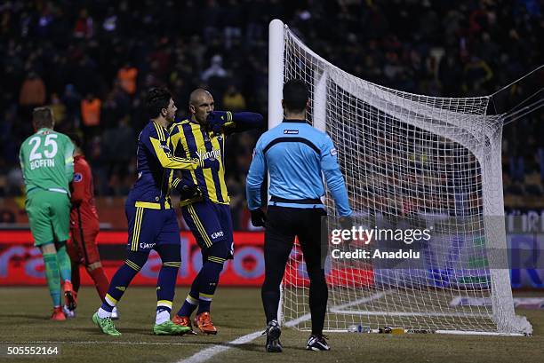 Fernandao of Fenerbahce celebrate after scoring a goal during the Turkish Spor Toto Super Lig football match between Eskisehirspor and Fenerbahce at...