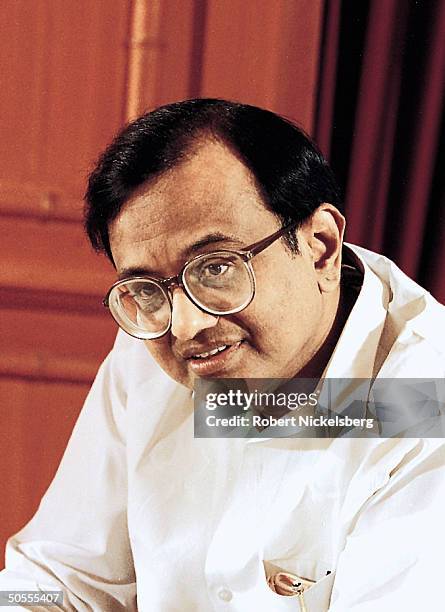 Indian Parliament member & former Finance Min. Palaniappan Chidambaram speaking in serious portrait, opining in TIME roundtable during India Economic...