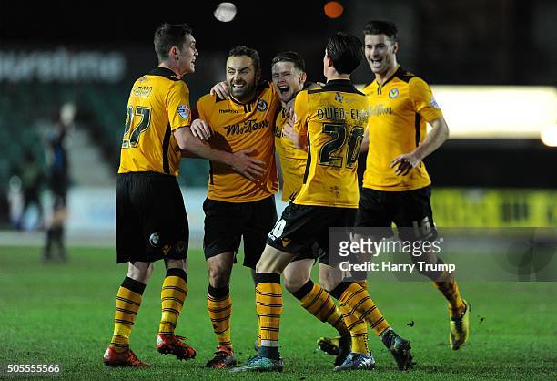 Mark Byrne of Newport County celebrates his sides first goal during the Emirates FA Cup Third Round match between Newport County and Blackburn Rovers...