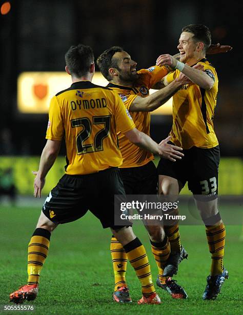 Mark Byrne of Newport County celebrates his sides first goal during the Emirates FA Cup Third Round match between Newport County and Blackburn Rovers...