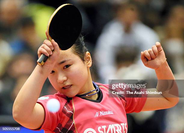 Mima Ito competes in the Women's Singles quarter final during day six of the All Japan Table Tennis Championships at the Tokyo Metropolitan Gymnasium...