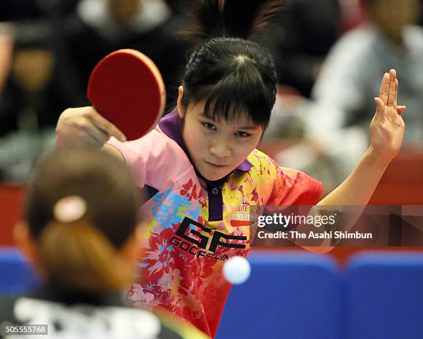 Miu Hirano competes in the Women's Singles quarter final during day six of the All Japan Table Tennis Championships at the Tokyo Metropolitan...